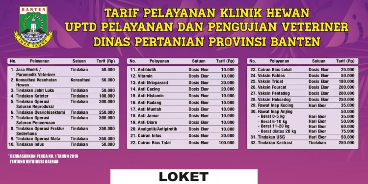 Tarif Pelayanan Klinik Hewan UPTD PELAYANAN DAN PENGUJIAN VETERINER DINAS PERTANIAN PROVINSI BANTEN